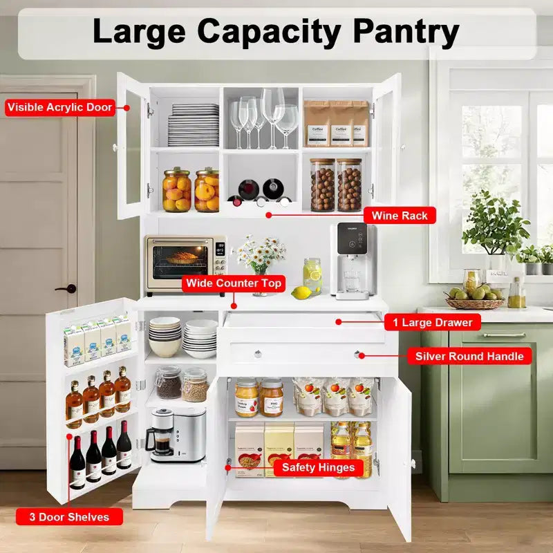 67,9 Armoire de cuisine haute, Armoire de rangement autonome avec tiroir, Armoire de cuisine avec support pour micro-ondes, Meuble de bar à café