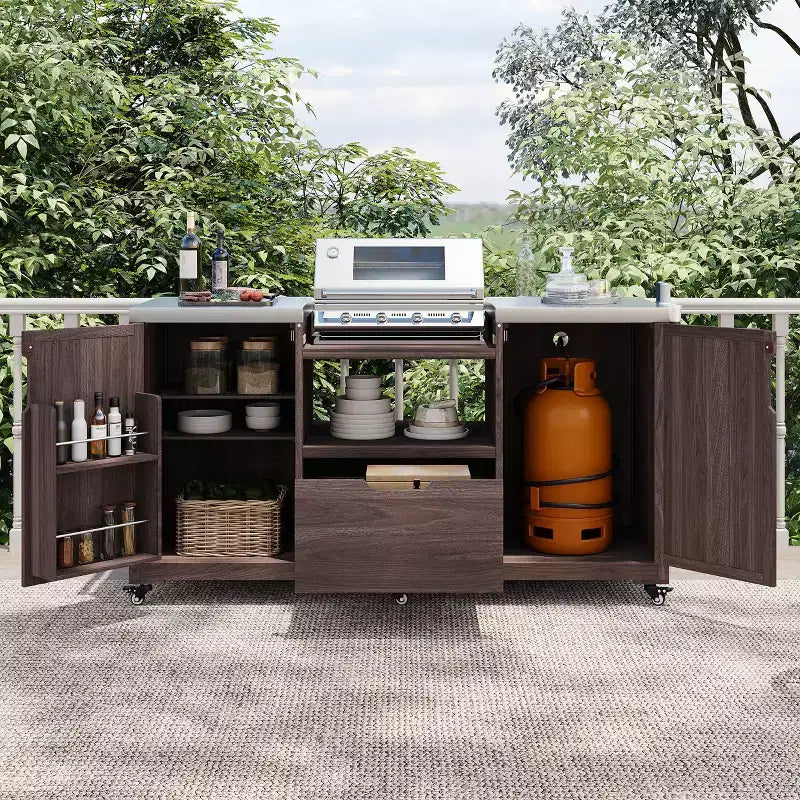 Îlot de cuisine extérieur noir de 66,5 pouces pour barbecues Big Green Egg, chariot de barbecue extérieur en bois massif pour barbecue de table avec plateau en acier inoxydable