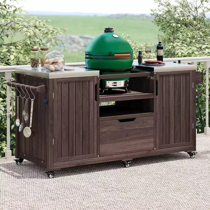 Îlot de cuisine extérieur noir de 66,5 pouces pour barbecues Big Green Egg, chariot de barbecue extérieur en bois massif pour barbecue de table avec plateau en acier inoxydable