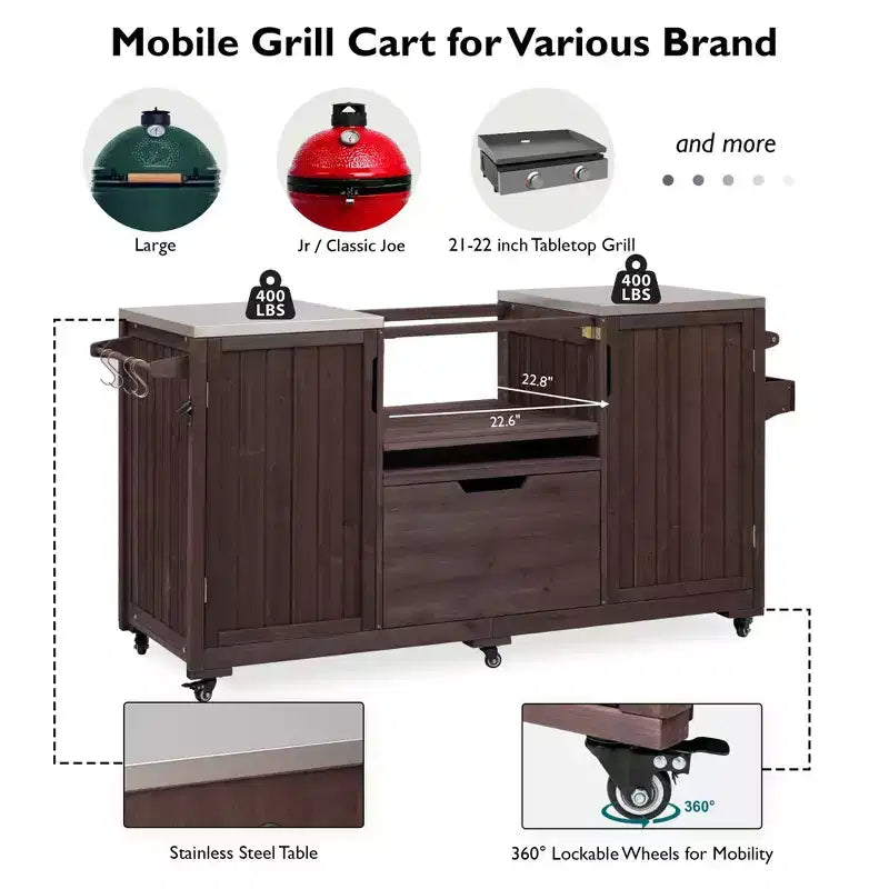 Îlot de cuisine extérieur noir de 66,5 pouces pour barbecues Big Green Egg, chariot de barbecue extérieur en bois massif pour barbecue de table avec plateau en acier inoxydable