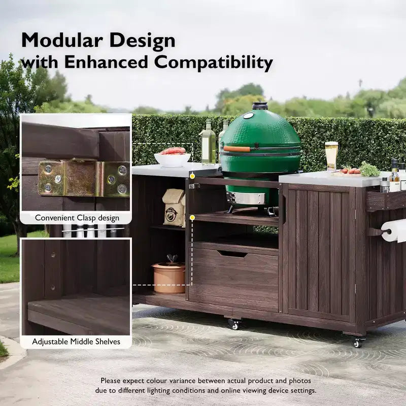 Îlot de cuisine extérieur noir de 66,5 pouces pour barbecues Big Green Egg, chariot de barbecue extérieur en bois massif pour barbecue de table avec plateau en acier inoxydable