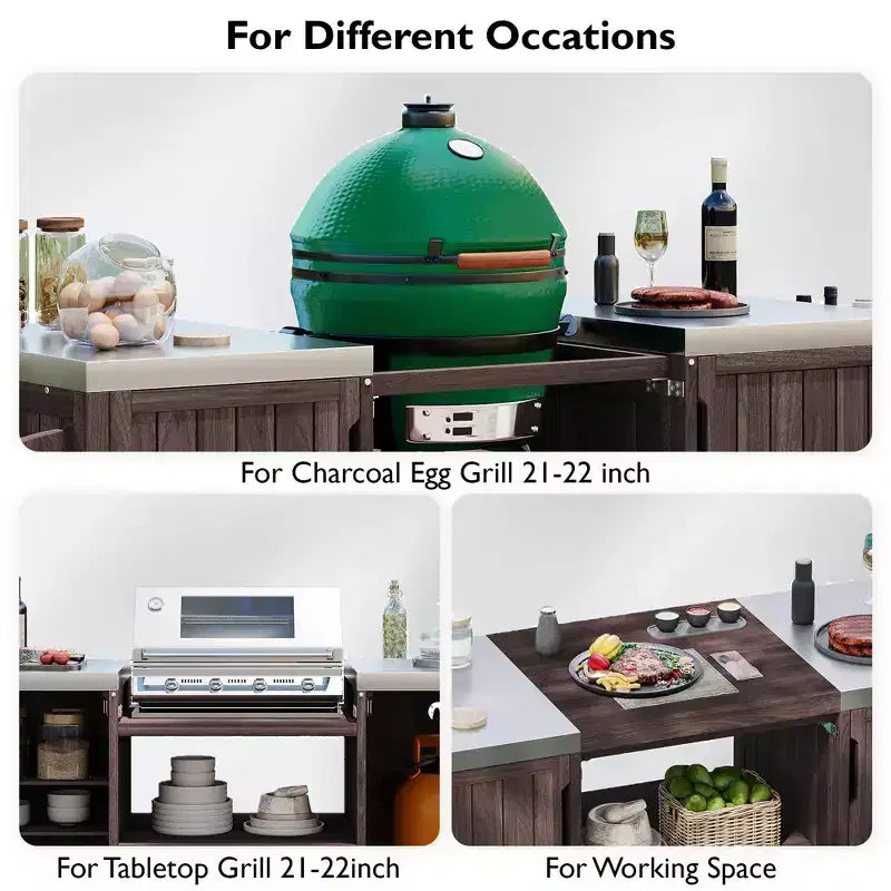 Îlot de cuisine extérieur noir de 66,5 pouces pour barbecues Big Green Egg, chariot de barbecue extérieur en bois massif pour barbecue de table avec plateau en acier inoxydable