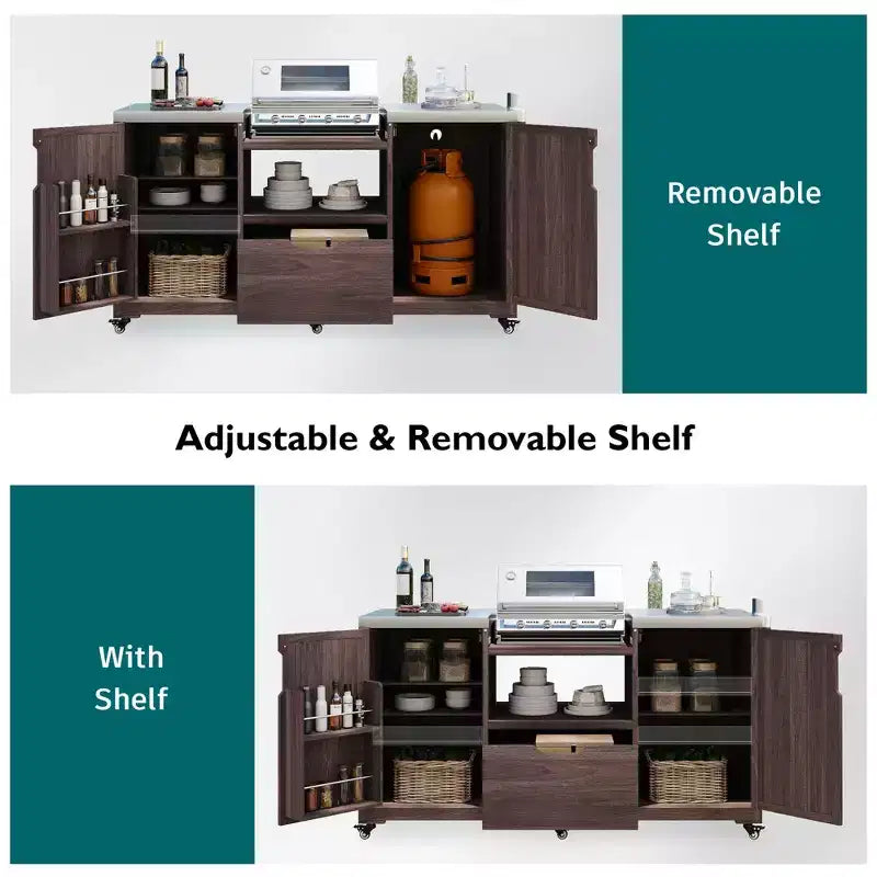 Îlot de cuisine extérieur noir de 66,5 pouces pour barbecues Big Green Egg, chariot de barbecue extérieur en bois massif pour barbecue de table avec plateau en acier inoxydable