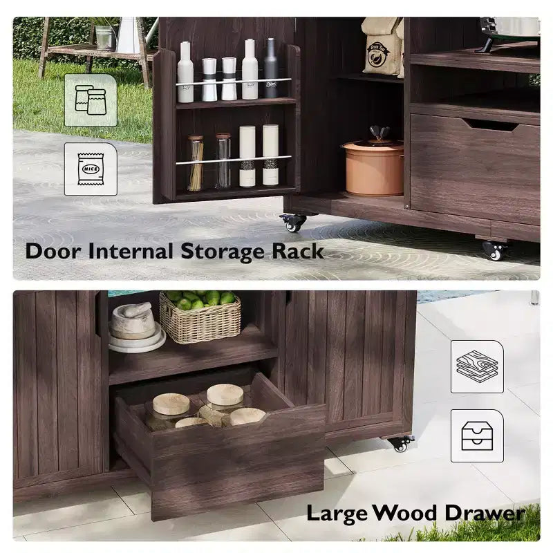 Îlot de cuisine extérieur noir de 66,5 pouces pour barbecues Big Green Egg, chariot de barbecue extérieur en bois massif pour barbecue de table avec plateau en acier inoxydable