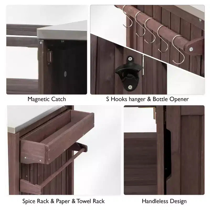 Îlot de cuisine extérieur noir de 66,5 pouces pour barbecues Big Green Egg, chariot de barbecue extérieur en bois massif pour barbecue de table avec plateau en acier inoxydable