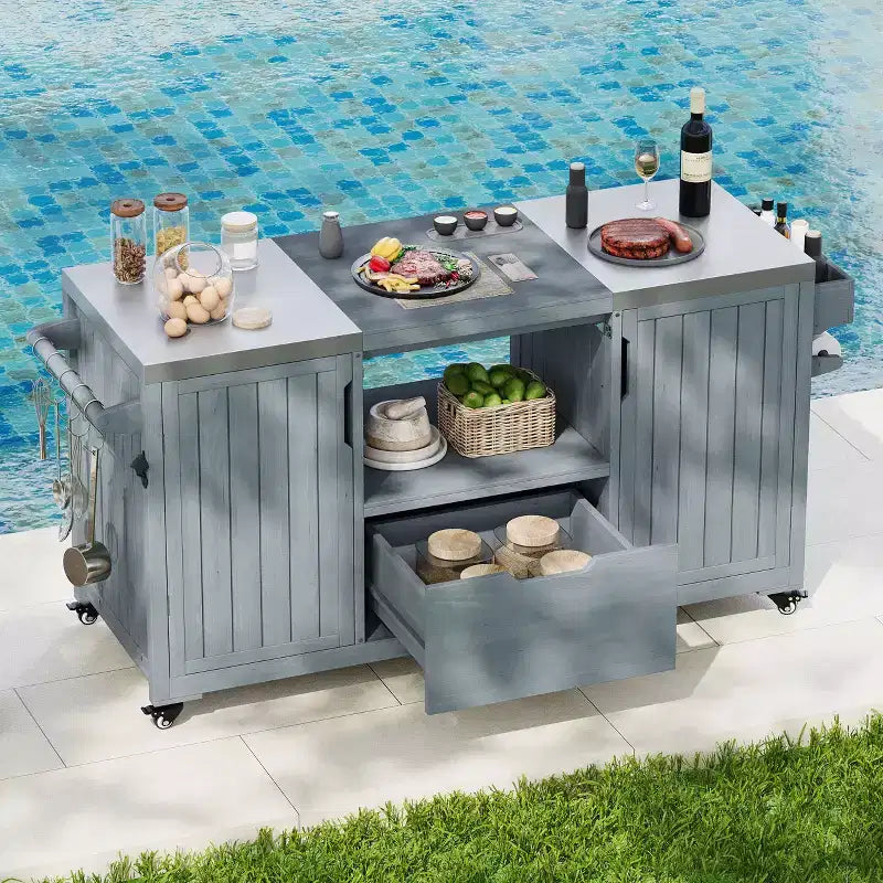 Îlot de cuisine extérieur noir de 66,5 pouces pour barbecues Big Green Egg, chariot de barbecue extérieur en bois massif pour barbecue de table avec plateau en acier inoxydable