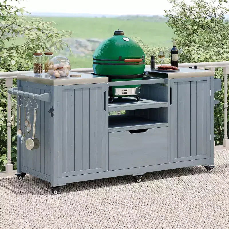 Îlot de cuisine extérieur noir de 66,5 pouces pour barbecues Big Green Egg, chariot de barbecue extérieur en bois massif pour barbecue de table avec plateau en acier inoxydable