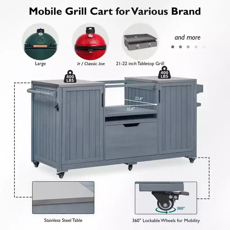 Îlot de cuisine extérieur noir de 66,5 pouces pour barbecues Big Green Egg, chariot de barbecue extérieur en bois massif pour barbecue de table avec plateau en acier inoxydable