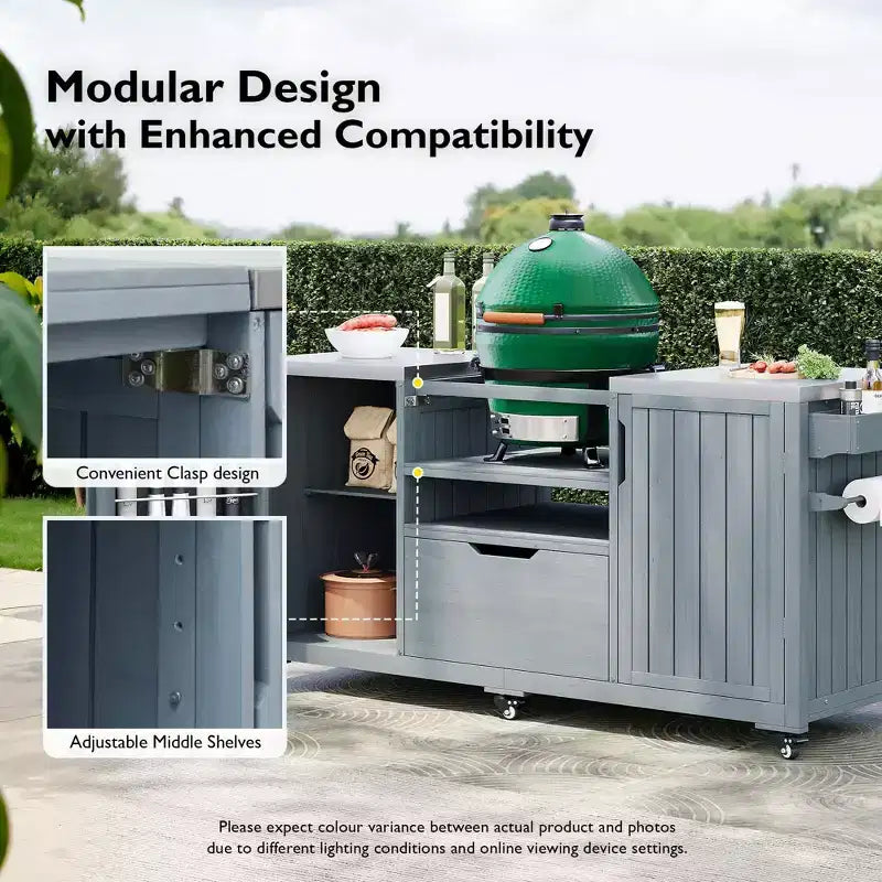Îlot de cuisine extérieur noir de 66,5 pouces pour barbecues Big Green Egg, chariot de barbecue extérieur en bois massif pour barbecue de table avec plateau en acier inoxydable