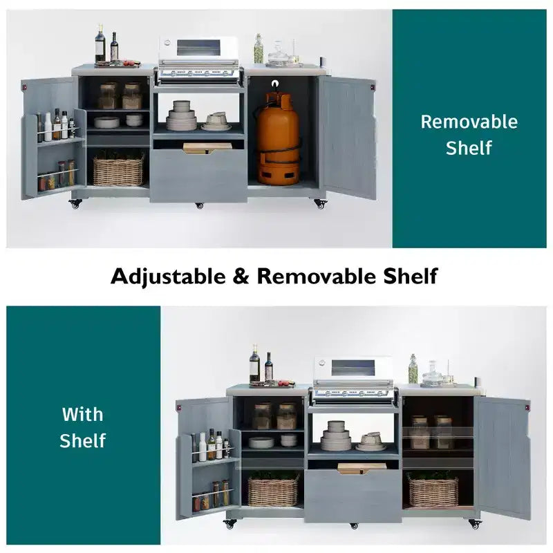Îlot de cuisine extérieur noir de 66,5 pouces pour barbecues Big Green Egg, chariot de barbecue extérieur en bois massif pour barbecue de table avec plateau en acier inoxydable