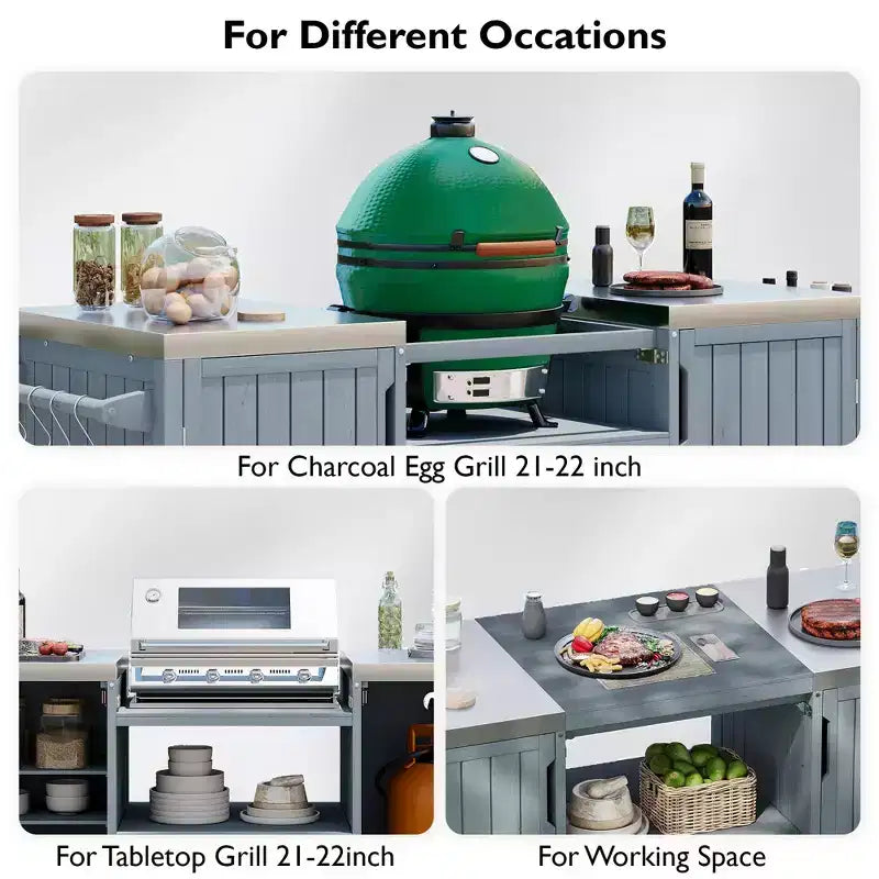 Îlot de cuisine extérieur noir de 66,5 pouces pour barbecues Big Green Egg, chariot de barbecue extérieur en bois massif pour barbecue de table avec plateau en acier inoxydable