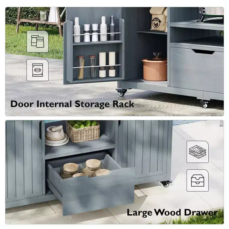 Îlot de cuisine extérieur noir de 66,5 pouces pour barbecues Big Green Egg, chariot de barbecue extérieur en bois massif pour barbecue de table avec plateau en acier inoxydable