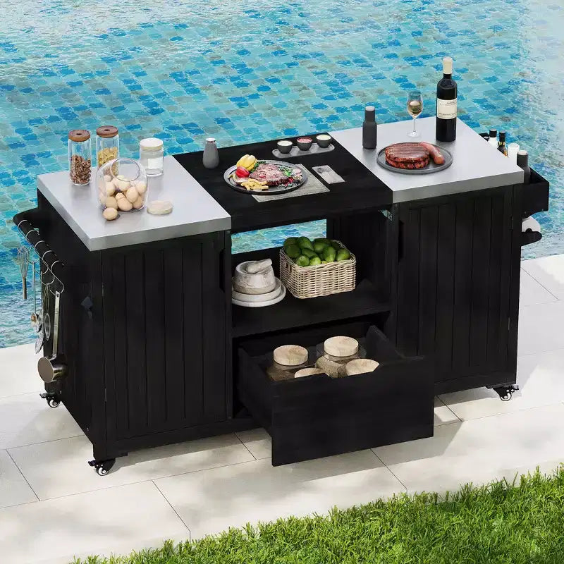 Îlot de cuisine extérieur noir de 66,5 pouces pour barbecues Big Green Egg, chariot de barbecue extérieur en bois massif pour barbecue de table avec plateau en acier inoxydable