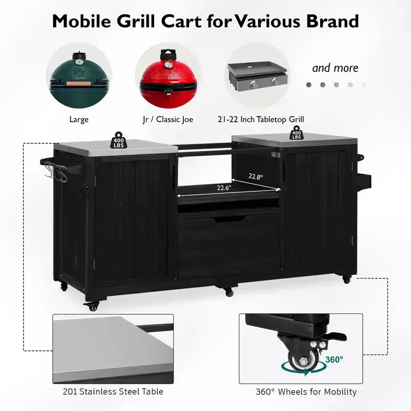 Îlot de cuisine extérieur noir de 66,5 pouces pour barbecues Big Green Egg, chariot de barbecue extérieur en bois massif pour barbecue de table avec plateau en acier inoxydable
