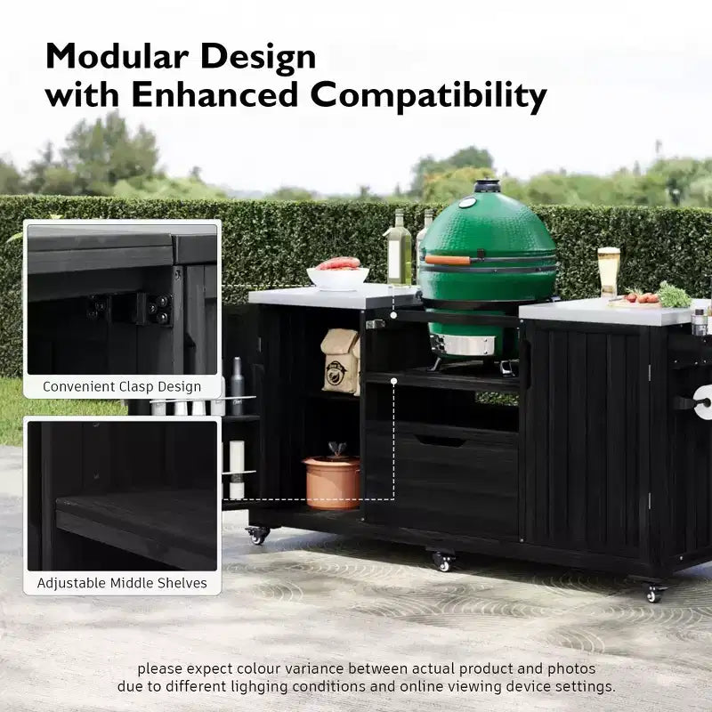 Îlot de cuisine extérieur noir de 66,5 pouces pour barbecues Big Green Egg, chariot de barbecue extérieur en bois massif pour barbecue de table avec plateau en acier inoxydable