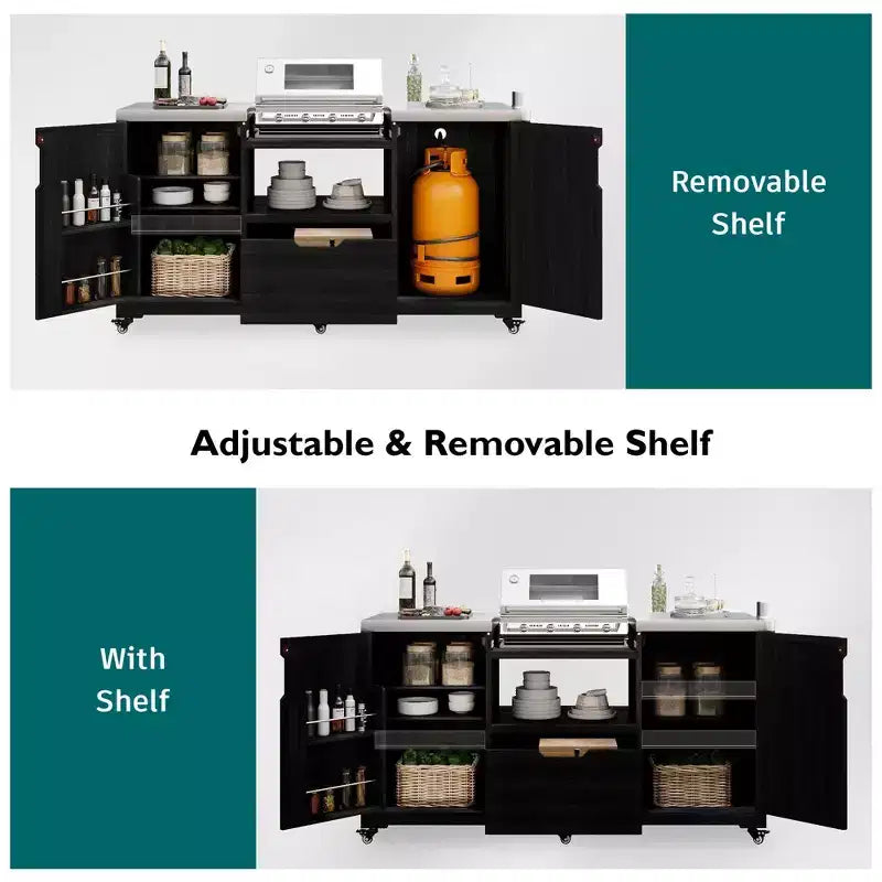 Îlot de cuisine extérieur noir de 66,5 pouces pour barbecues Big Green Egg, chariot de barbecue extérieur en bois massif pour barbecue de table avec plateau en acier inoxydable