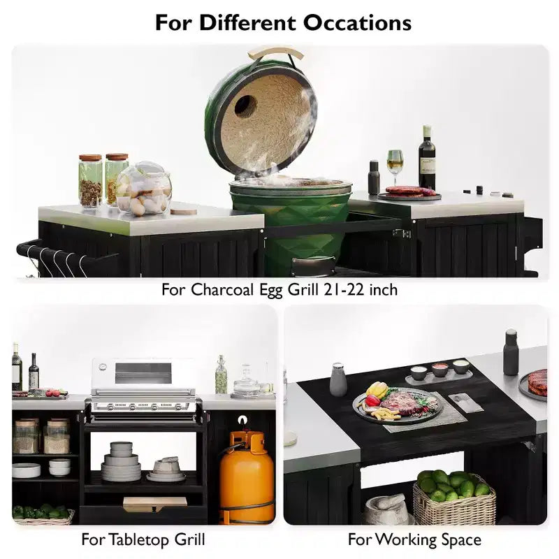 Îlot de cuisine extérieur noir de 66,5 pouces pour barbecues Big Green Egg, chariot de barbecue extérieur en bois massif pour barbecue de table avec plateau en acier inoxydable