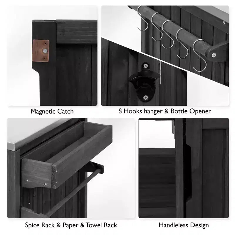 Îlot de cuisine extérieur noir de 66,5 pouces pour barbecues Big Green Egg, chariot de barbecue extérieur en bois massif pour barbecue de table avec plateau en acier inoxydable