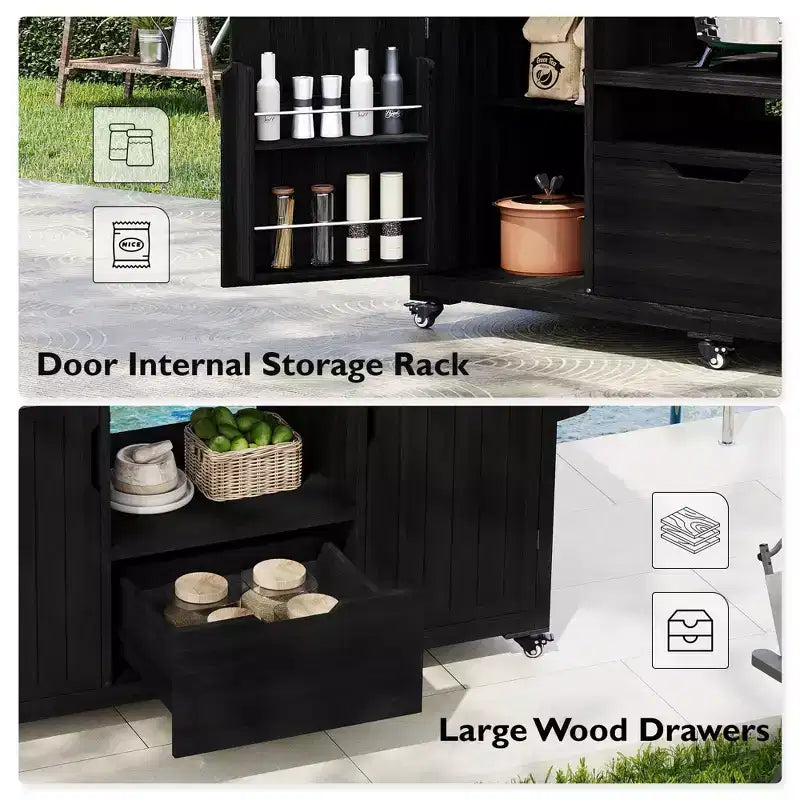 Îlot de cuisine extérieur noir de 66,5 pouces pour barbecues Big Green Egg, chariot de barbecue extérieur en bois massif pour barbecue de table avec plateau en acier inoxydable