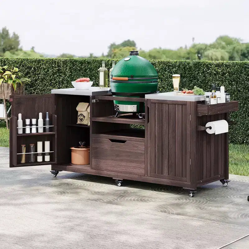 Îlot de cuisine extérieur noir de 66,5 pouces pour barbecues Big Green Egg, chariot de barbecue extérieur en bois massif pour barbecue de table avec plateau en acier inoxydable