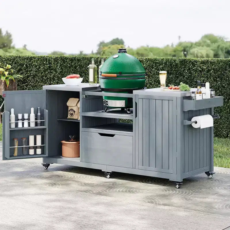 Îlot de cuisine extérieur noir de 66,5 pouces pour barbecues Big Green Egg, chariot de barbecue extérieur en bois massif pour barbecue de table avec plateau en acier inoxydable