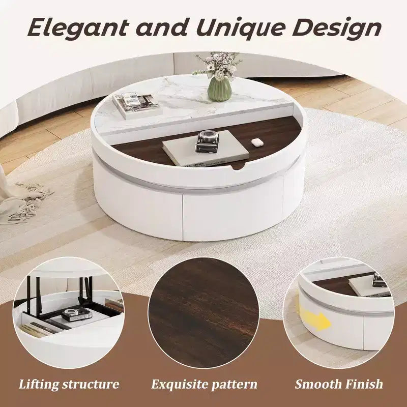 Table Basse Relevable avec Tiroir, Table Centrale Ronde avec Rangement, Table Basse Réglable Moderne en Bois avec Rangement pour Salon, Blanc