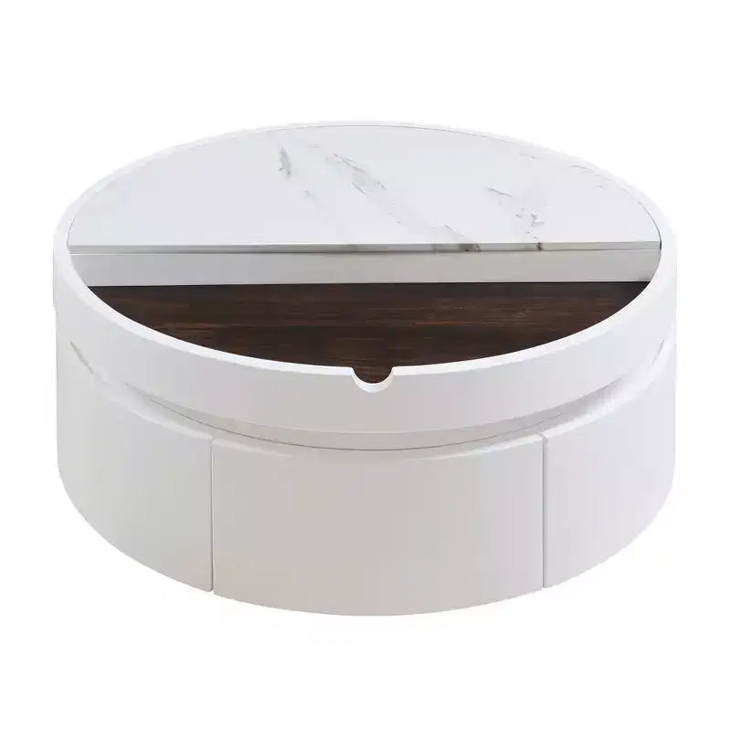 Table Basse Relevable avec Tiroir, Table Centrale Ronde avec Rangement, Table Basse Réglable Moderne en Bois avec Rangement pour Salon, Blanc