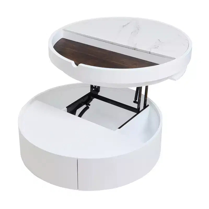 Table Basse Relevable avec Tiroir, Table Centrale Ronde avec Rangement, Table Basse Réglable Moderne en Bois avec Rangement pour Salon, Blanc
