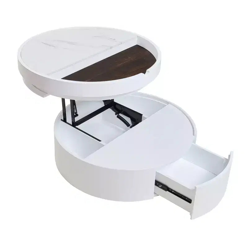 Table Basse Relevable avec Tiroir, Table Centrale Ronde avec Rangement, Table Basse Réglable Moderne en Bois avec Rangement pour Salon, Blanc