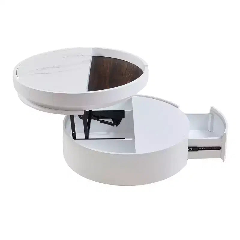 Table Basse Relevable avec Tiroir, Table Centrale Ronde avec Rangement, Table Basse Réglable Moderne en Bois avec Rangement pour Salon, Blanc