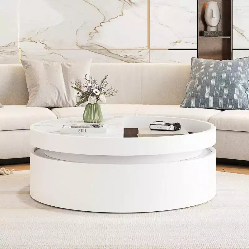 Table Basse Relevable avec Tiroir, Table Centrale Ronde avec Rangement, Table Basse Réglable Moderne en Bois avec Rangement pour Salon, Blanc