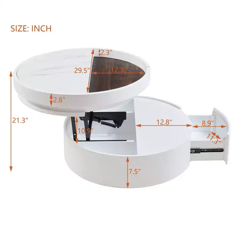Table Basse Relevable avec Tiroir, Table Centrale Ronde avec Rangement, Table Basse Réglable Moderne en Bois avec Rangement pour Salon, Blanc
