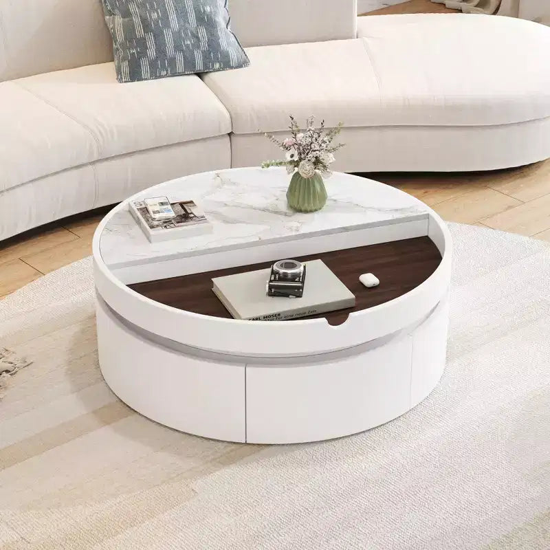 Table Basse Relevable avec Tiroir, Table Centrale Ronde avec Rangement, Table Basse Réglable Moderne en Bois avec Rangement pour Salon, Blanc