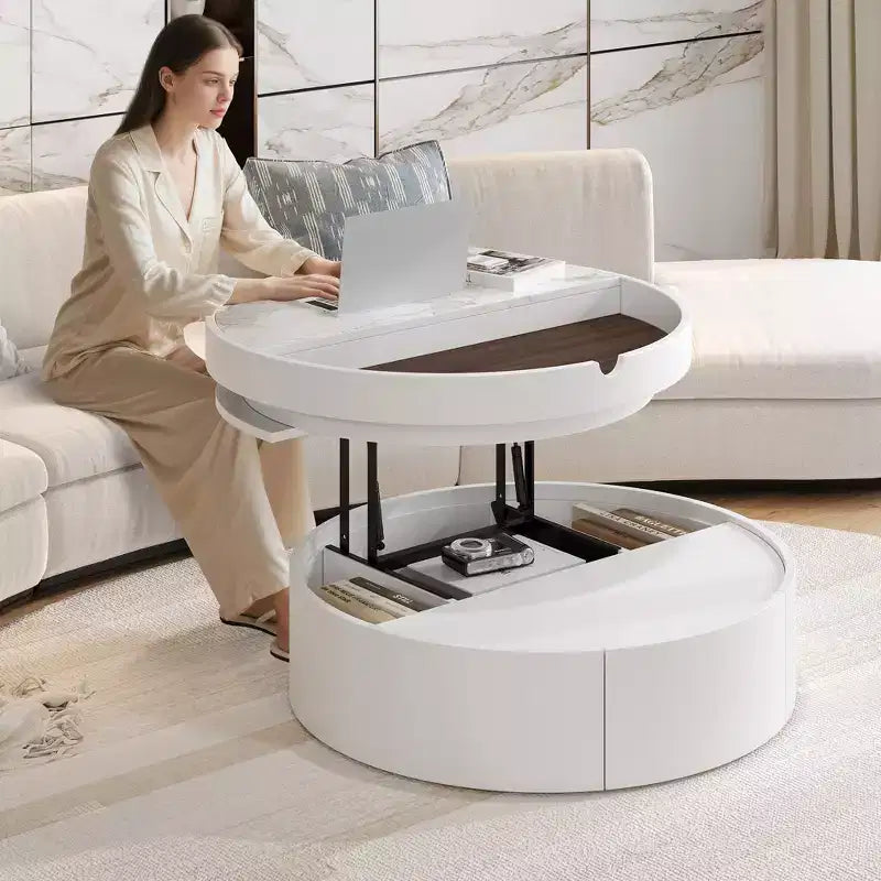Table Basse Relevable avec Tiroir, Table Centrale Ronde avec Rangement, Table Basse Réglable Moderne en Bois avec Rangement pour Salon, Blanc