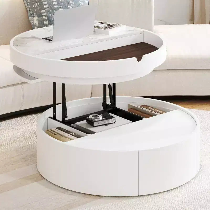 Table Basse Relevable avec Tiroir, Table Centrale Ronde avec Rangement, Table Basse Réglable Moderne en Bois avec Rangement pour Salon, Blanc