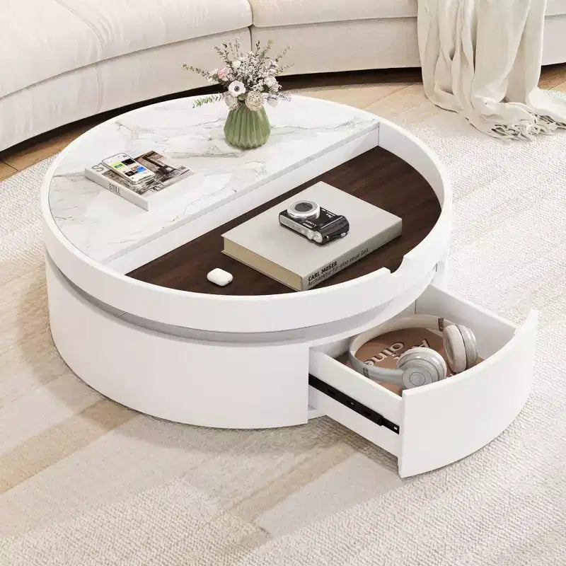 Table Basse Relevable avec Tiroir, Table Centrale Ronde avec Rangement, Table Basse Réglable Moderne en Bois avec Rangement pour Salon, Blanc