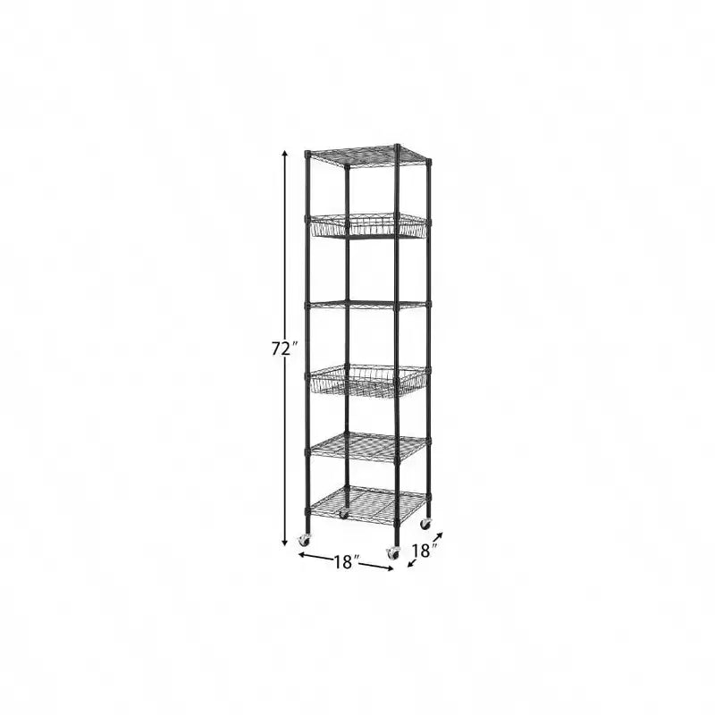 Étagère métallique à 6 niveaux robustes avec roulettes 18x18x72 - pouces, rayonnage de rangement en métal noir, tubes en acier épaissis réglables