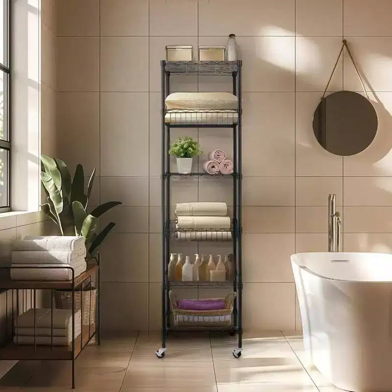 Étagère métallique à 6 niveaux robustes avec roulettes 18x18x72 - pouces, rayonnage de rangement en métal noir, tubes en acier épaissis réglables