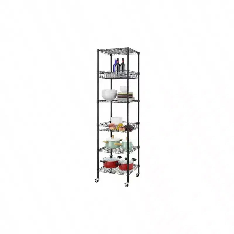 Étagère métallique à 6 niveaux robustes avec roulettes 18x18x72 - pouces, rayonnage de rangement en métal noir, tubes en acier épaissis réglables