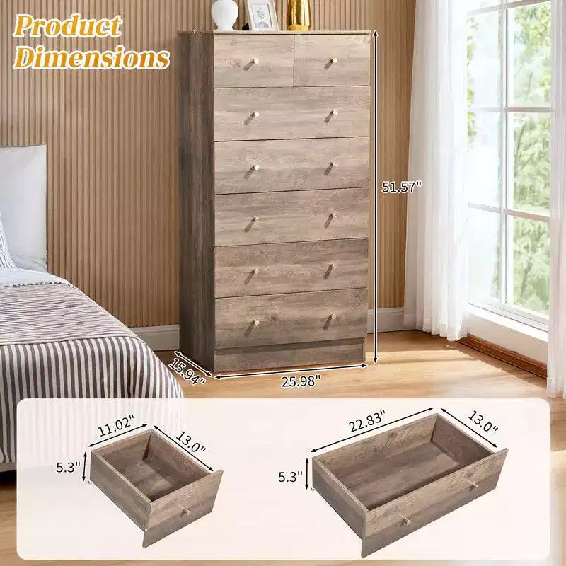 Grande commode Karl Home à 7 tiroirs pour chambre à coucher et commode à tiroirs avec construction robuste, organiseur de rangement en bois pour placard, gris