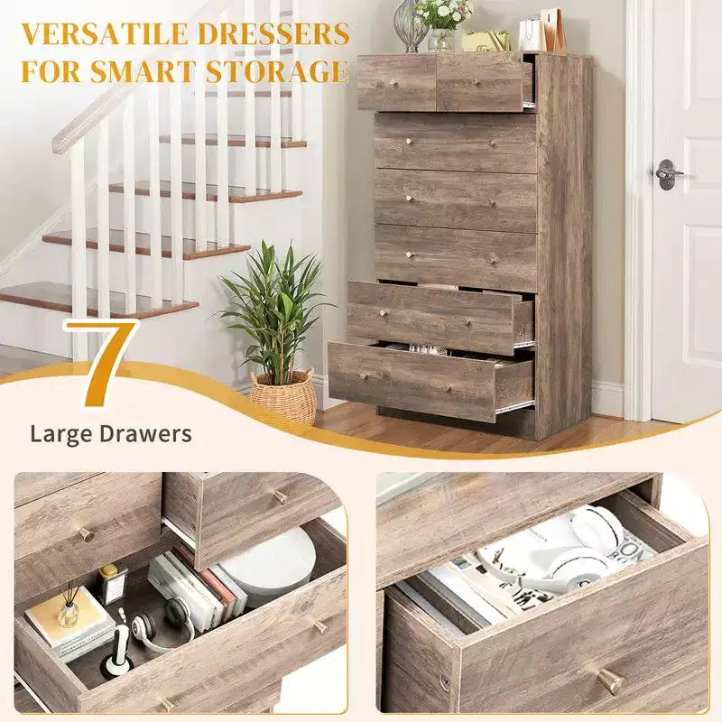 Grande commode Karl Home à 7 tiroirs pour chambre à coucher et commode à tiroirs avec construction robuste, organiseur de rangement en bois pour placard, gris