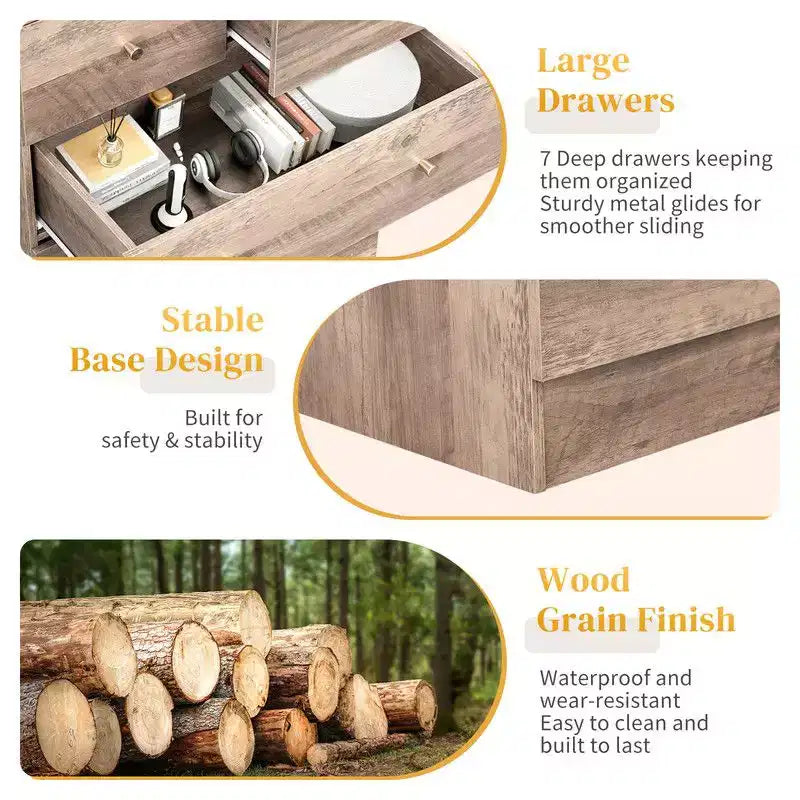 Grande commode Karl Home à 7 tiroirs pour chambre à coucher et commode à tiroirs avec construction robuste, organiseur de rangement en bois pour placard, gris