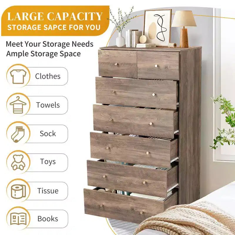 Grande commode Karl Home à 7 tiroirs pour chambre à coucher et commode à tiroirs avec construction robuste, organiseur de rangement en bois pour placard, gris
