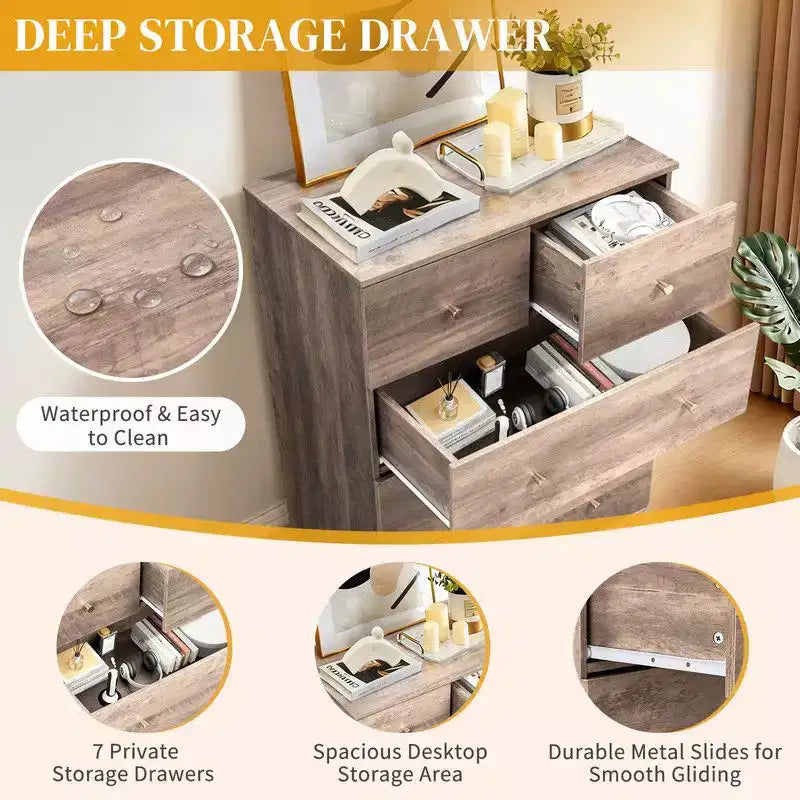 Grande commode Karl Home à 7 tiroirs pour chambre à coucher et commode à tiroirs avec construction robuste, organiseur de rangement en bois pour placard, gris