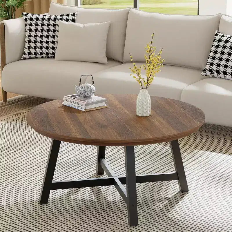 Table basse ronde 36" grande table centrale, tables d'appoint noires avec pieds réglables, pieds épaissis et veinure du bois travaillée pour la maison ou le bureau