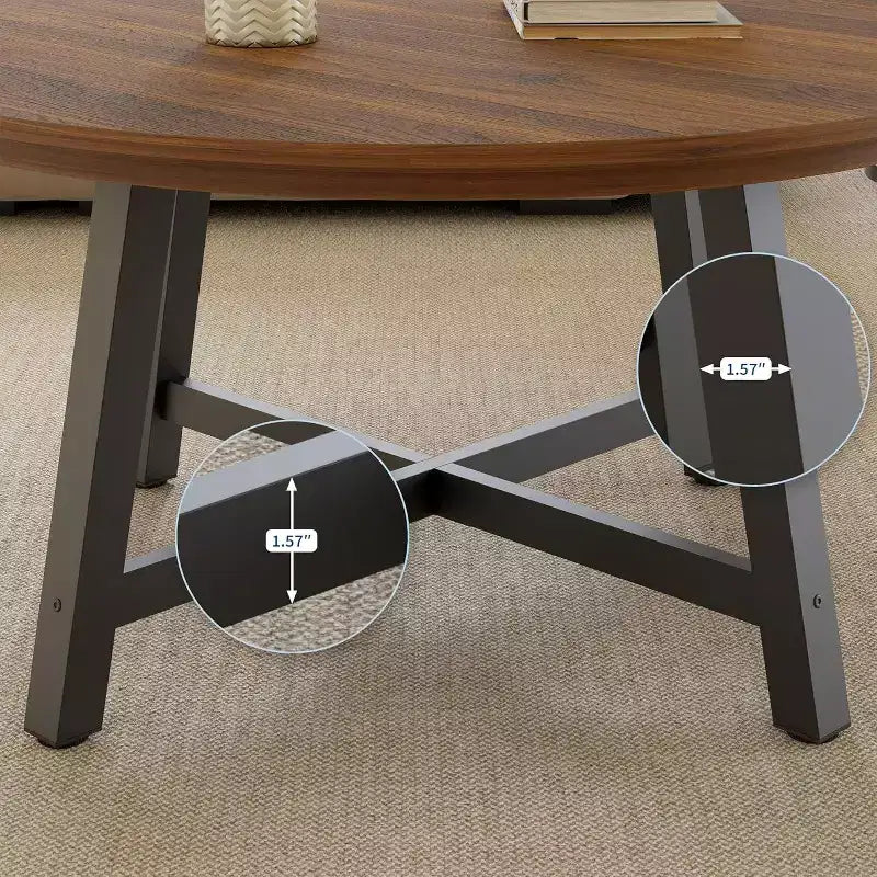 Table basse ronde 36" grande table centrale, tables d'appoint noires avec pieds réglables, pieds épaissis et veinure du bois travaillée pour la maison ou le bureau