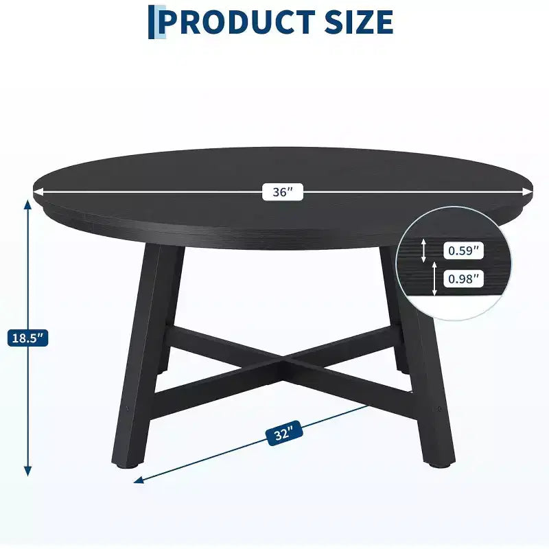 Table basse ronde 36" grande table centrale, tables d'appoint noires avec pieds réglables, pieds épaissis et veinure du bois travaillée pour la maison ou le bureau