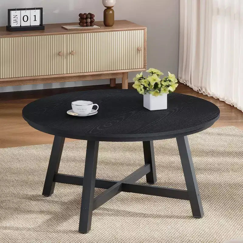 Table basse ronde 36" grande table centrale, tables d'appoint noires avec pieds réglables, pieds épaissis et veinure du bois travaillée pour la maison ou le bureau