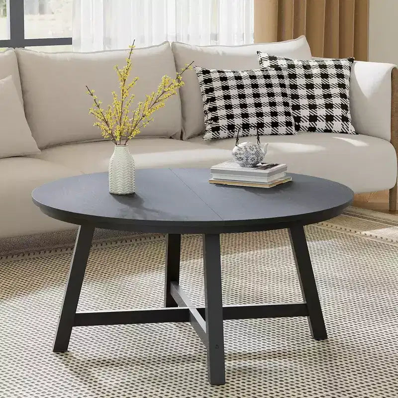 Table basse ronde 36" grande table centrale, tables d'appoint noires avec pieds réglables, pieds épaissis et veinure du bois travaillée pour la maison ou le bureau