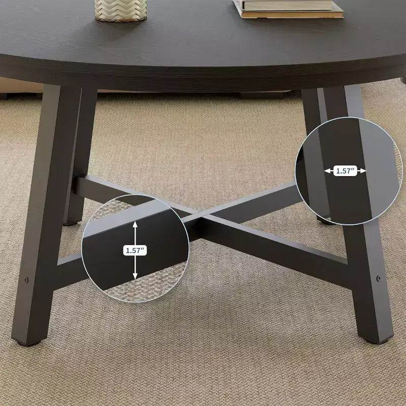 Table basse ronde 36" grande table centrale, tables d'appoint noires avec pieds réglables, pieds épaissis et veinure du bois travaillée pour la maison ou le bureau